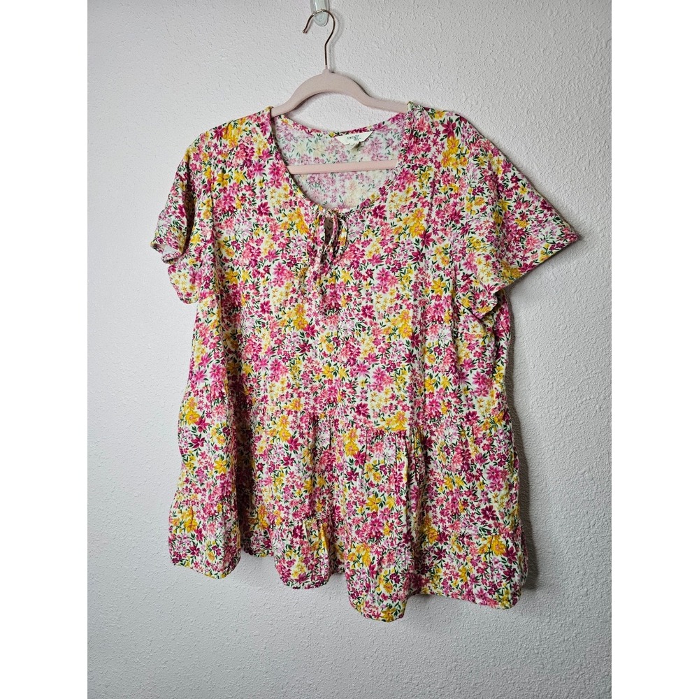 Terra & Sky Women 1X Pink Yellow Floral Cotton Babydoll Tiered Top Spring Garden